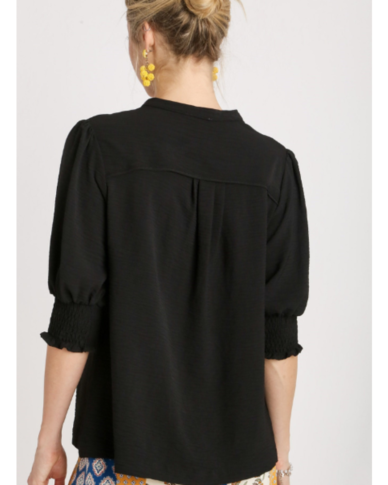 Smocked Sleeve Blouse with Split Neckline