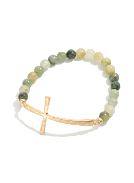 Hammered Cross Stretchy Beaded Bracelet