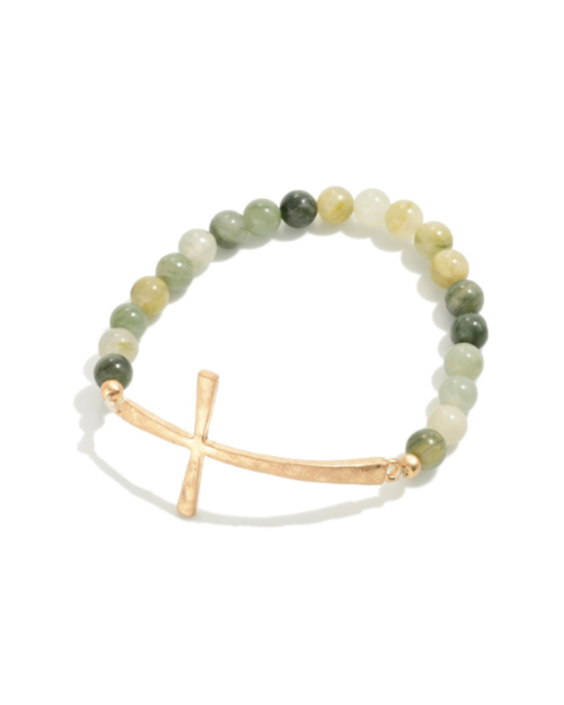 Hammered Cross Stretchy Beaded Bracelet
