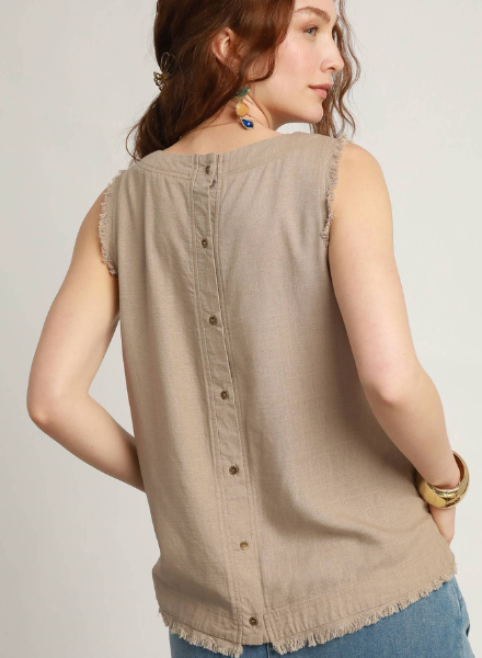 Button Back Frayed Edge Sleeveless Top