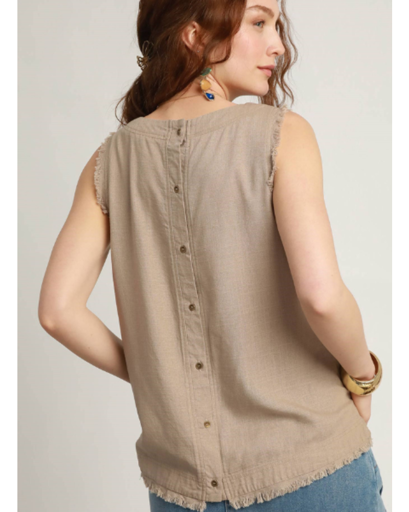 Button Back Frayed Edge Sleeveless Top