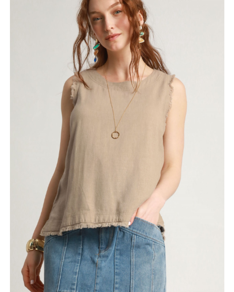 Button Back Frayed Edge Sleeveless Top