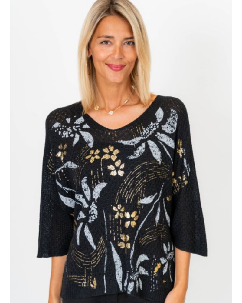 Knit Sweater with Gold Flowers