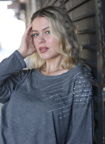Long Sleeve Tee with Silver Sequin Detail