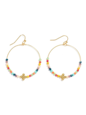 Beaded Cross Drop Hoop Earrings