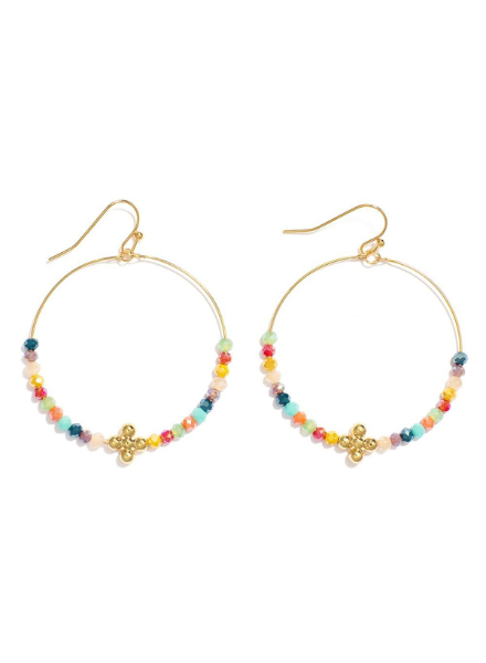 Beaded Cross Drop Hoop Earrings