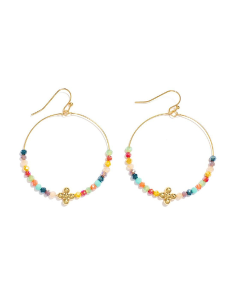 Beaded Cross Drop Hoop Earrings