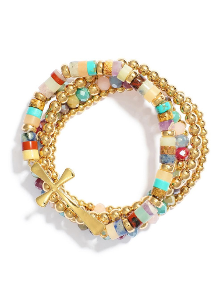 Set of 5 Stretchy Beaded Bracelets with Cross
