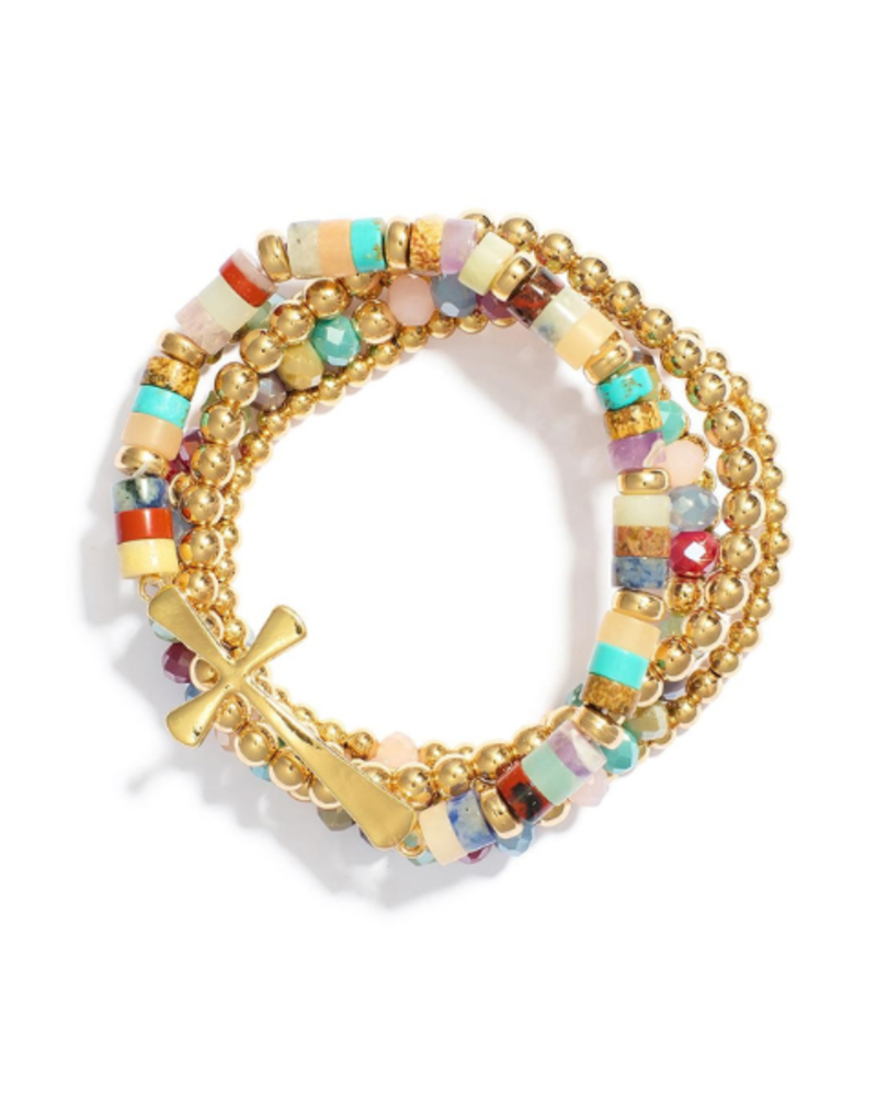 Set of 5 Stretchy Beaded Bracelets with Cross
