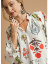 Split Neck Botanical Print Blouse