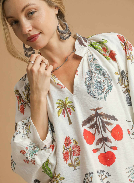 Split Neck Botanical Print Blouse