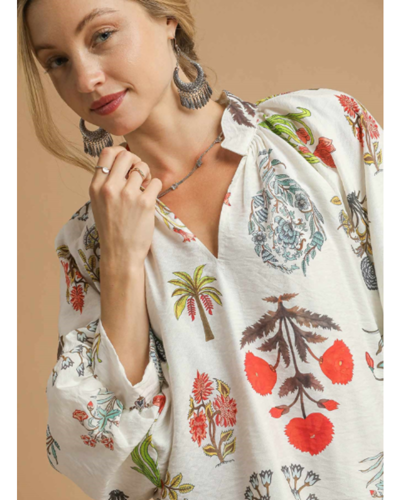 Split Neck Botanical Print Blouse