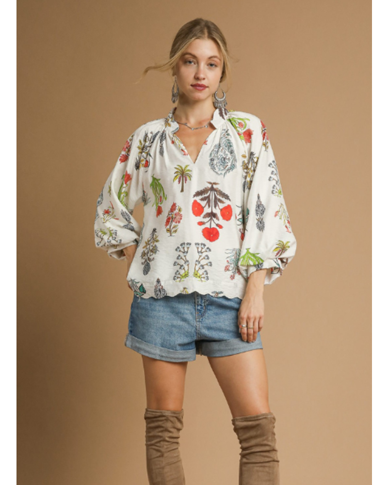 Split Neck Botanical Print Blouse
