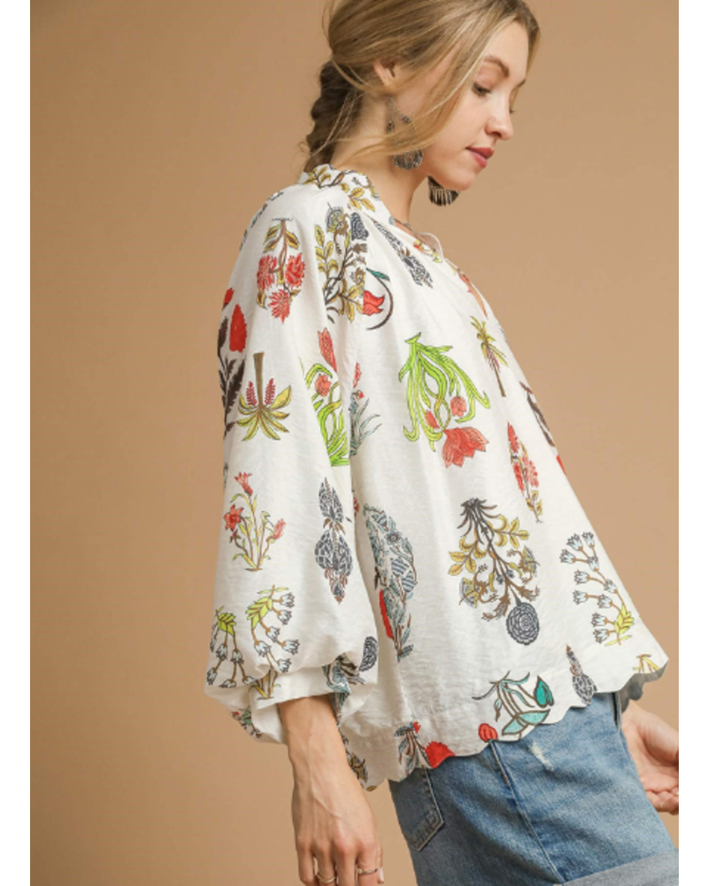 Split Neck Botanical Print Blouse