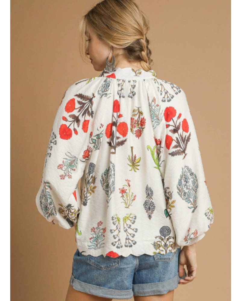 Split Neck Botanical Print Blouse