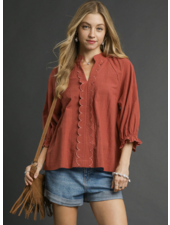 Textured Stripe Scallop Trim Blouse