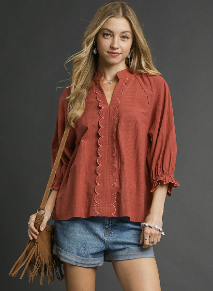 Textured Stripe Scallop Trim Blouse
