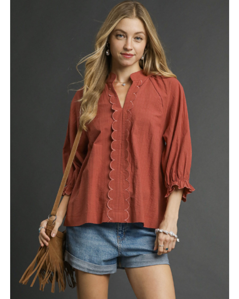 Textured Stripe Scallop Trim Blouse