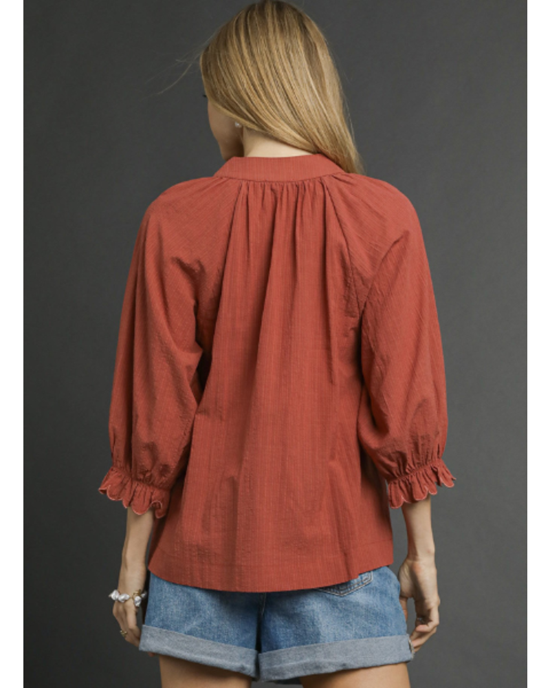 Textured Stripe Scallop Trim Blouse