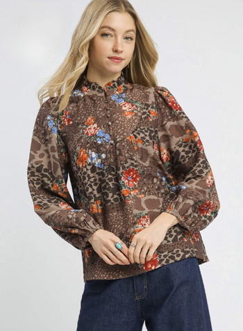 Fall Floral and Animal Print Yoke Blouse