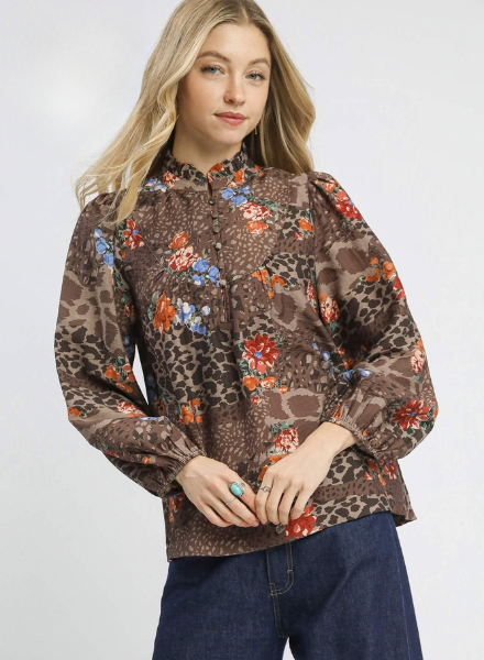 Fall Floral and Animal Print Yoke Blouse