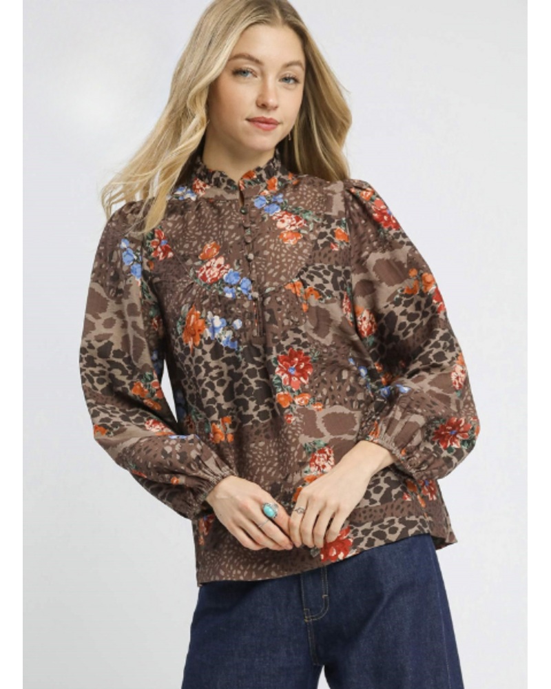 Fall Floral and Animal Print Yoke Blouse