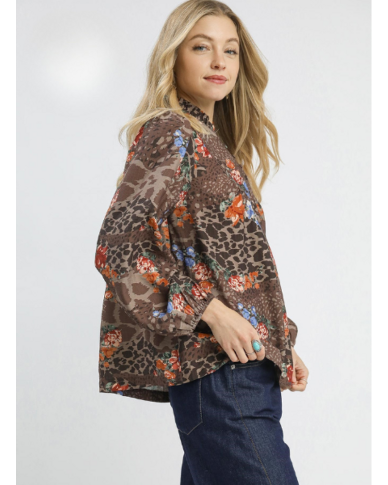 Floral and Animal Print Yoke Blouse