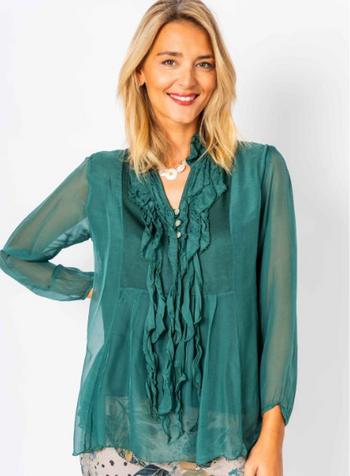 Ruffle Front Silk Blouse