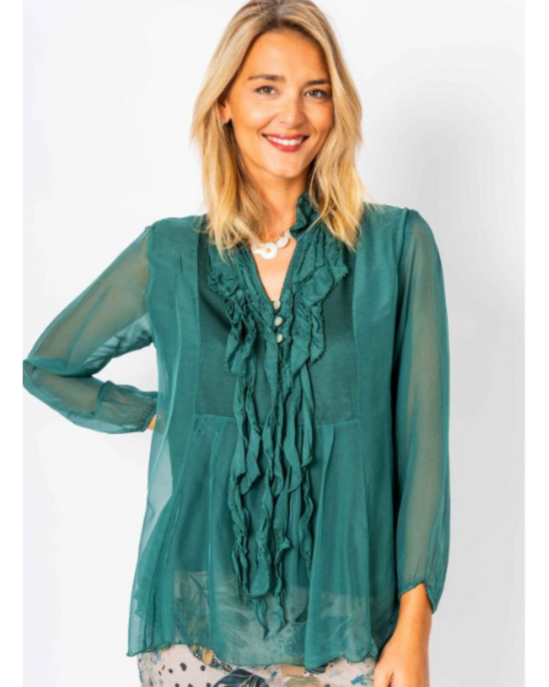 Ruffle Front Silk Blouse