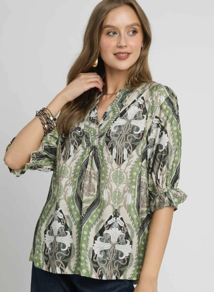 Abstract Print V-Neck Top