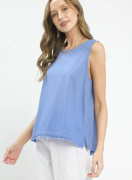 Button Back Frayed Edge Sleeveless Top