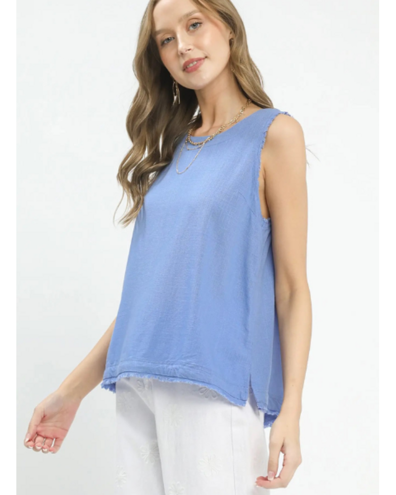 Button Back Frayed Edge Sleeveless Top