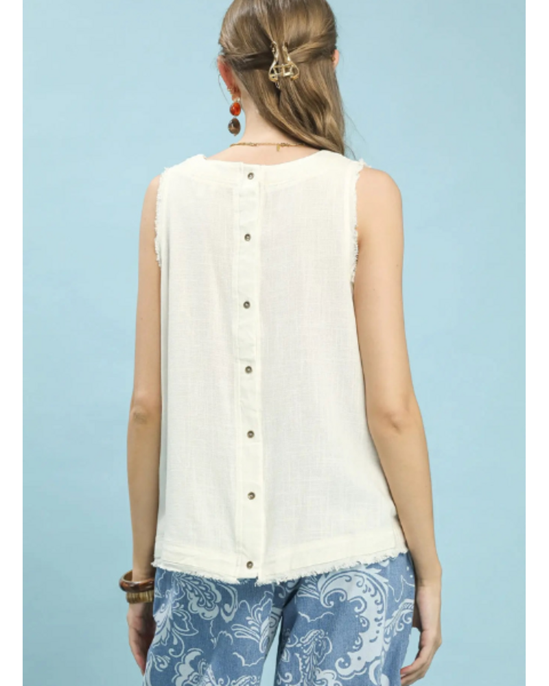 Button Back Frayed Edge Sleeveless Top