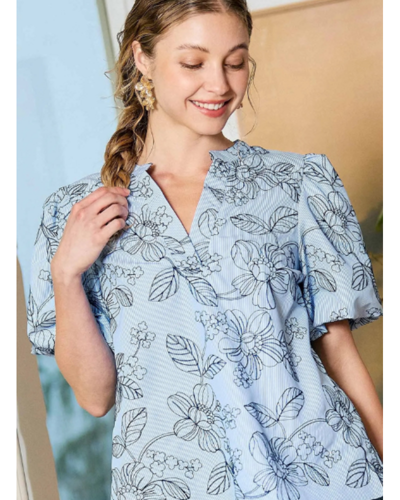 Embroidered Pinstripe Flower Top