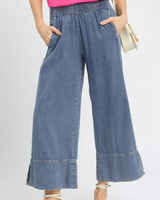 Stone Wash Wide Leg Pant with Side Slit