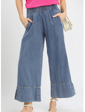 Stone Wash Wide Leg Pant with Side Slit
