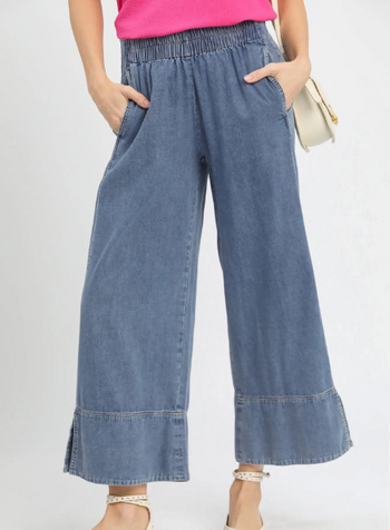 Stone Wash Wide Leg Pant with Side Slit