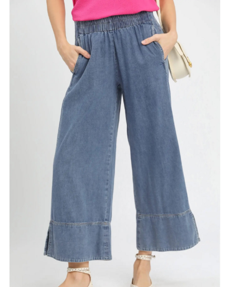 Stone Wash Wide Leg Pant with Side Slit