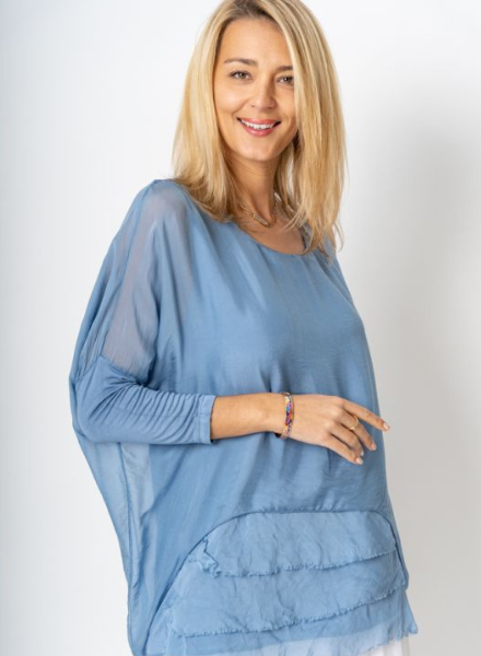 Dolman Sleeve Silk Ruffle Hem Blouse