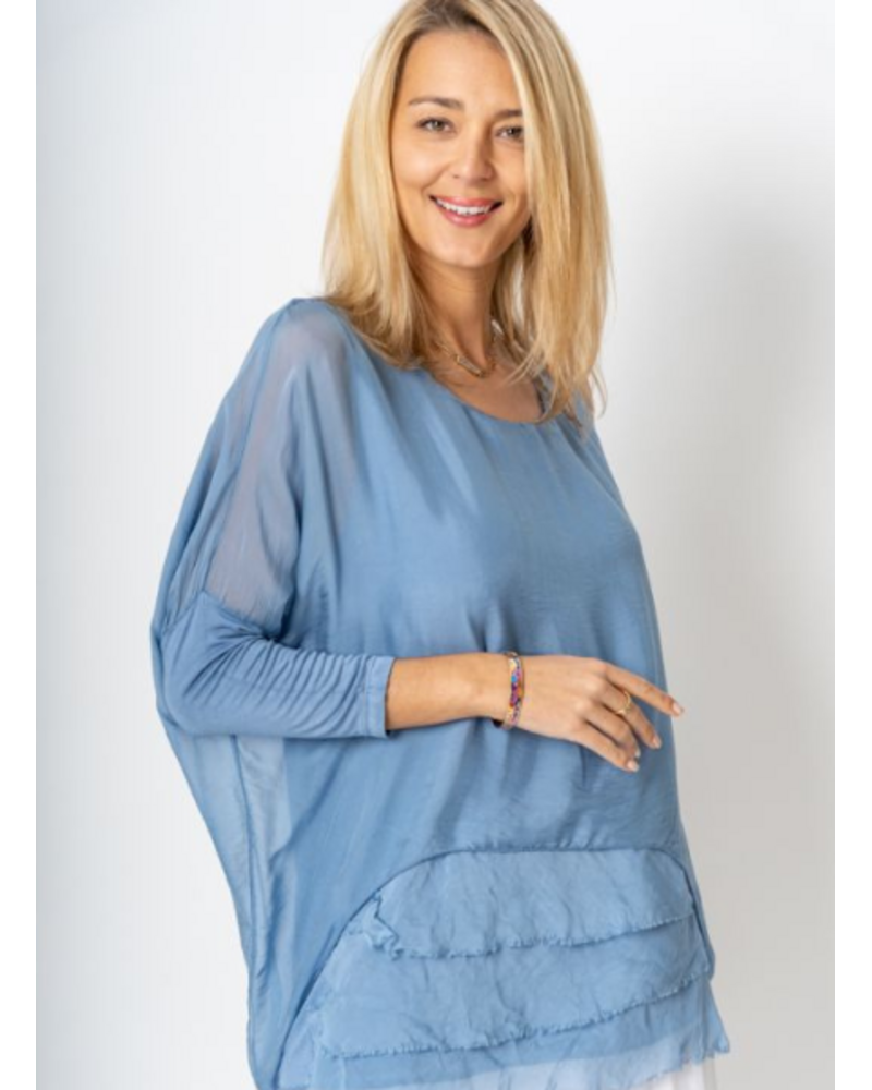 Dolman Sleeve Silk Ruffle Hem Blouse