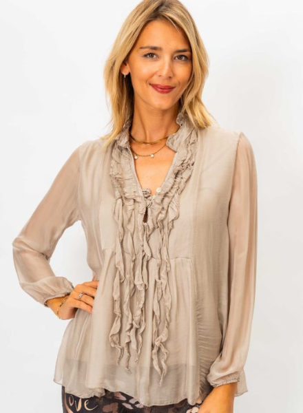 Ruffle Front Silk Blouse