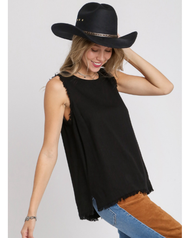 Button Back Frayed Edge Sleeveless Top