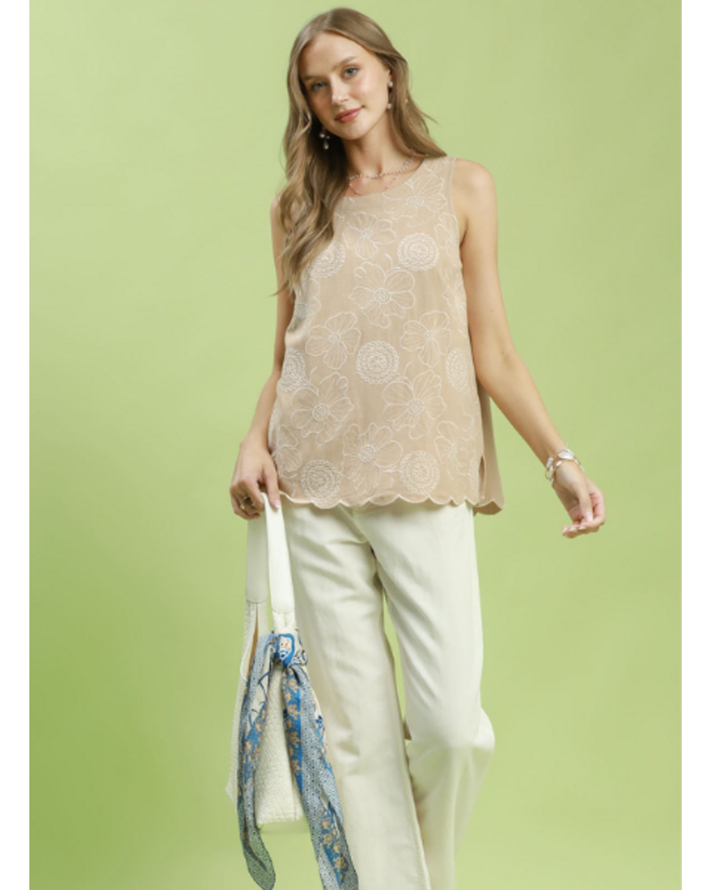 Sleeveless Embroidered Flowers Top