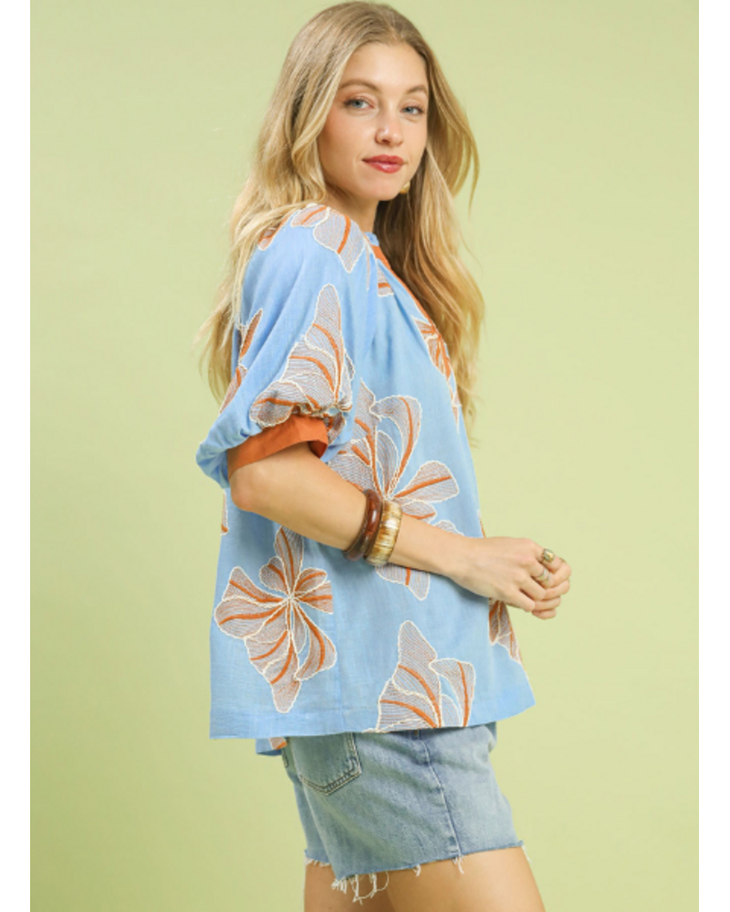 V-Neck Floral Puff Sleeve Top