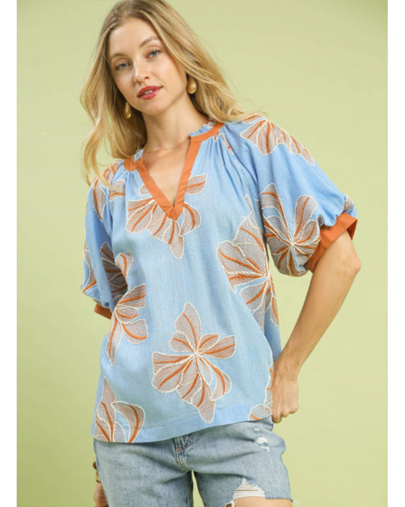V-Neck Floral Puff Sleeve Top