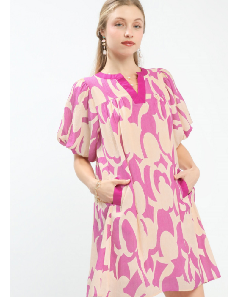 Abstract Printed Puff Sleeve Shift Dress