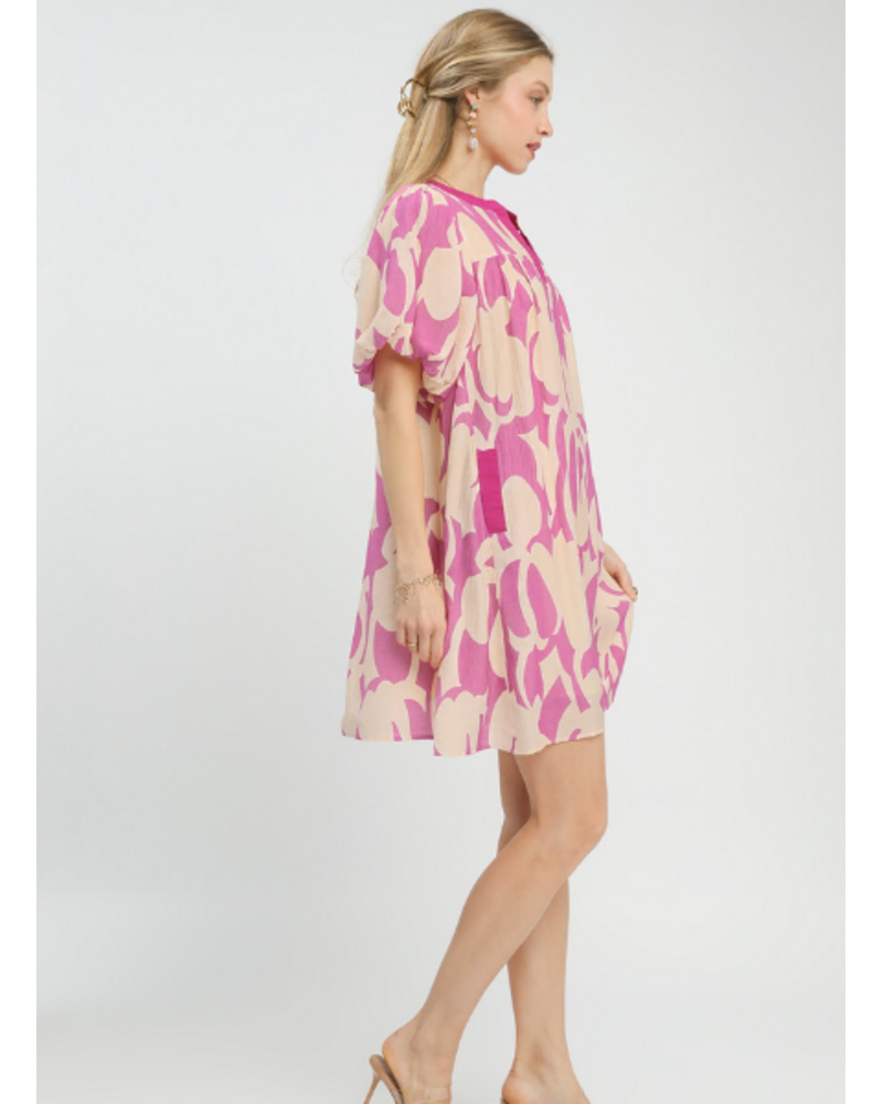 V-Neck Printed Puff Sleeve Shift Dress