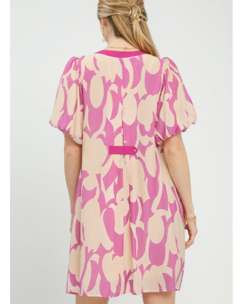 Abstract Printed Puff Sleeve Shift Dress