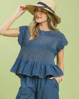 Smocked Denim Peplum Top