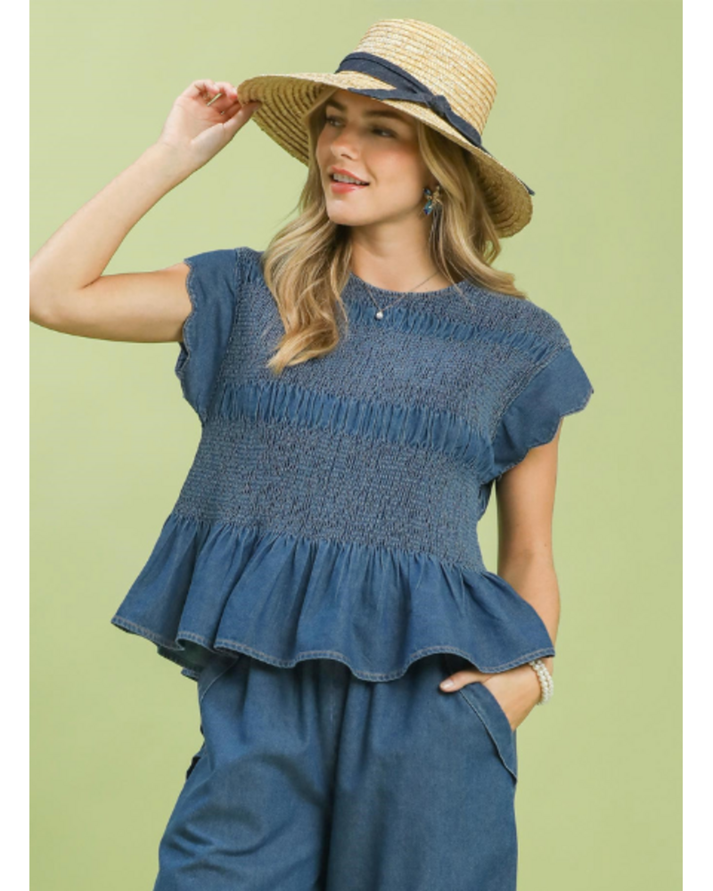 Smocked Denim Peplum Top